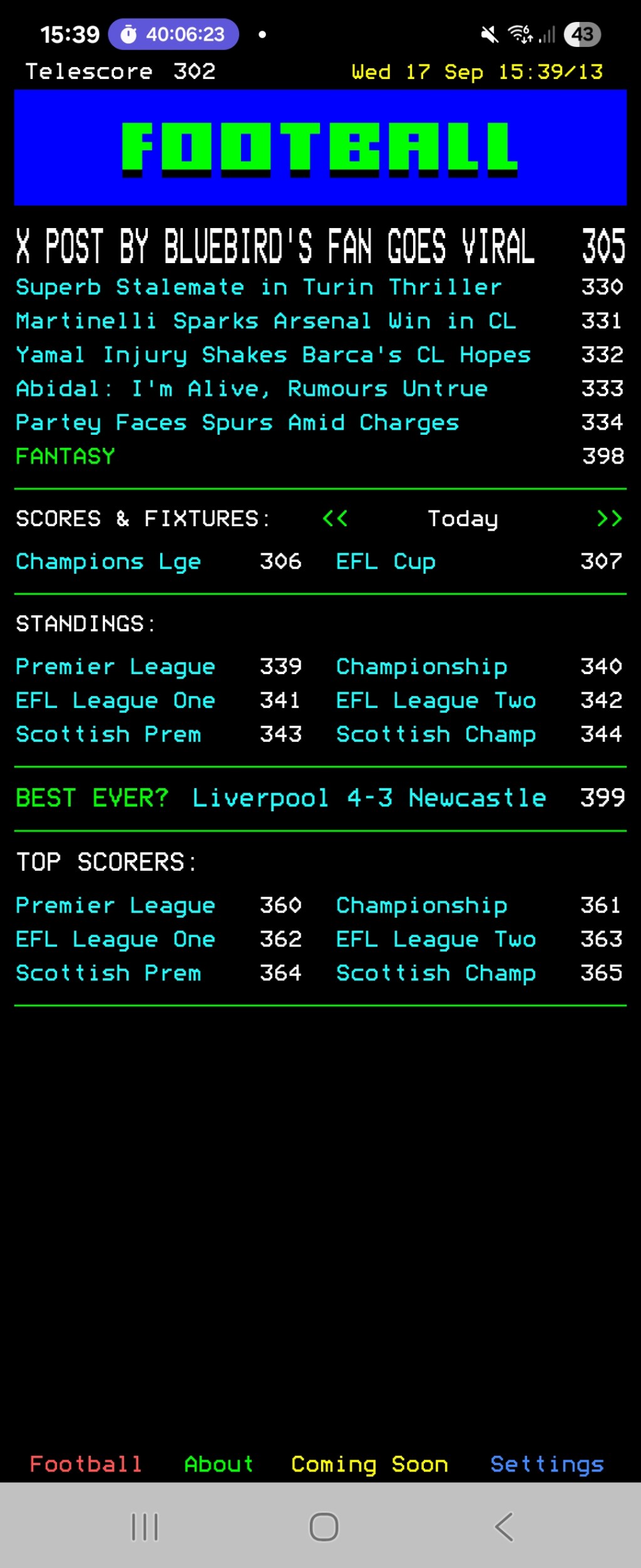 Teletext page 302 revival‽ Telescore app puts nostalgic vibes in your&nbsp;pocket